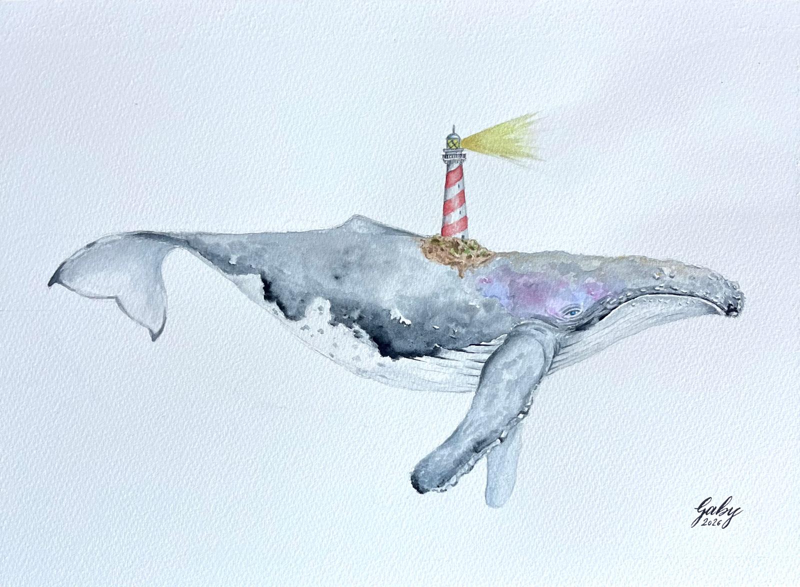 Acuarela Faro en el Horizonte detalle